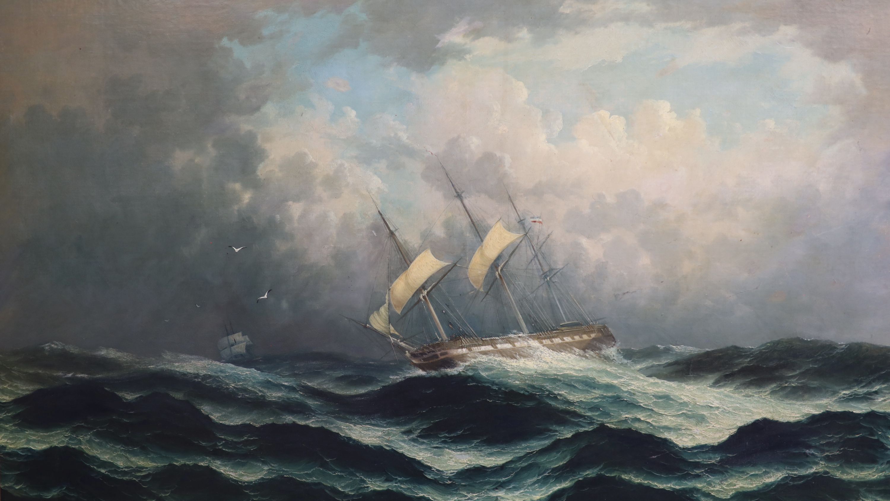 Follower of Samuel Walters (1811-1882), Three masted sailing vessel on a storm tossed sea, oil on canvas, 74 x 125 cm